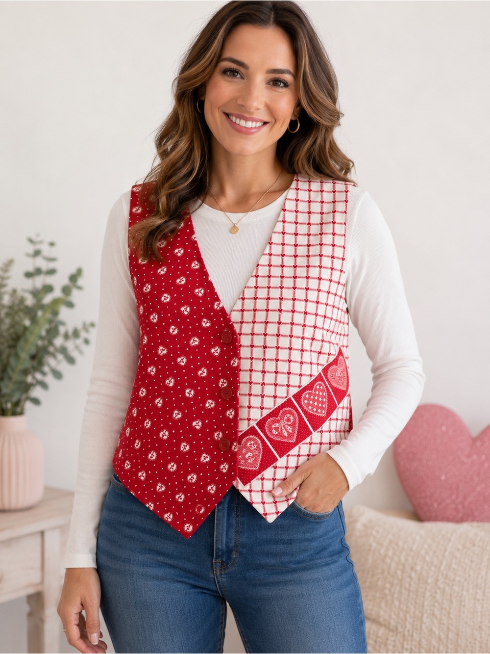 Vintage Handmade Valentine Heart Vest Red White Patchwork Size M